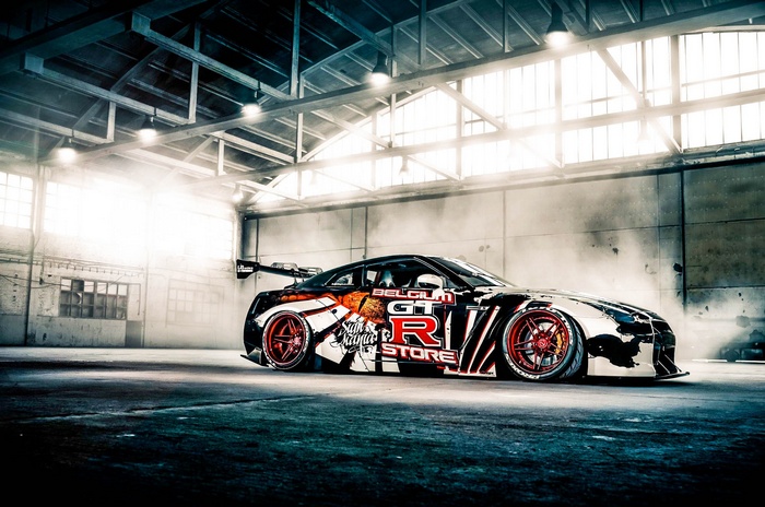 Nissan GT-R in a smoky garage