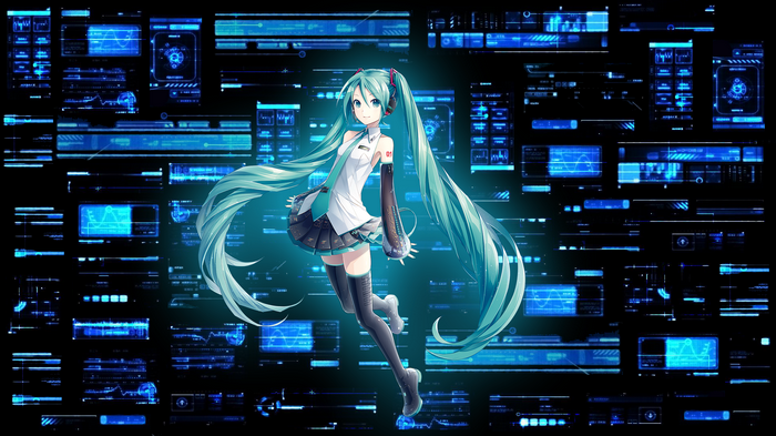 Hatsune Miku in front of a futuristic blue interface
