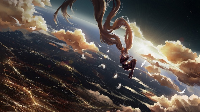 Hatsune Miku falling through clouds above a city