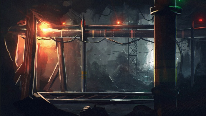 Artwork of a dark industrial scene with wood and lights