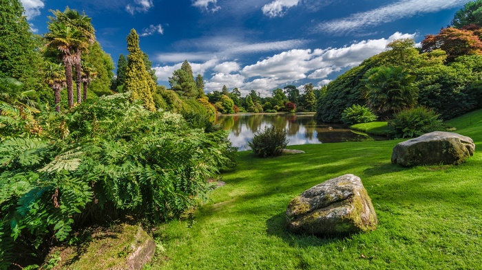 Park with lake, trees, and rocks under a cloudy sky