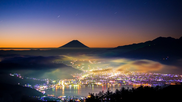 hills, lake, evening, mist, stars, long exposure, lights, forest, nature, Japan, city, silhouette, trees, mountains, landscape, Mount Fuji, sunset