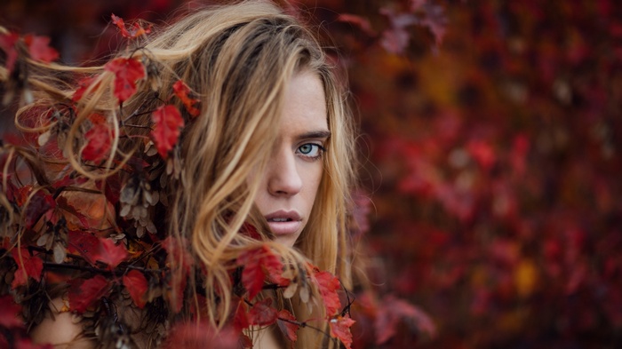 women outdoors, portrait, blue eyes, leaves, branch, face, model, depth of field, looking at viewer, long hair, blonde, open mouth, hair in face, fall, nature, women