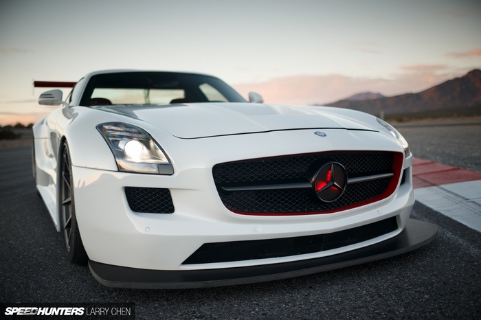 White Mercedes-Benz SLS AMG on a Racetrack