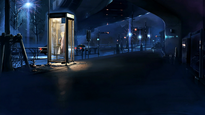 Anime girl in a phone booth at night