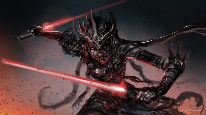 Sith warrior with two red lightsabers