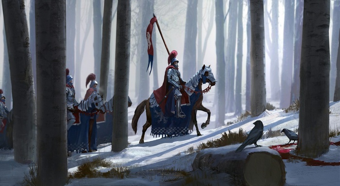 Knights on horseback in a snowy forest with crows