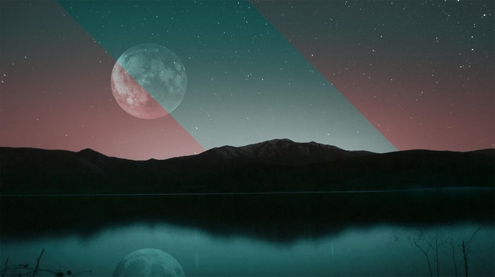 Abstract night sky with moon and mountain reflection