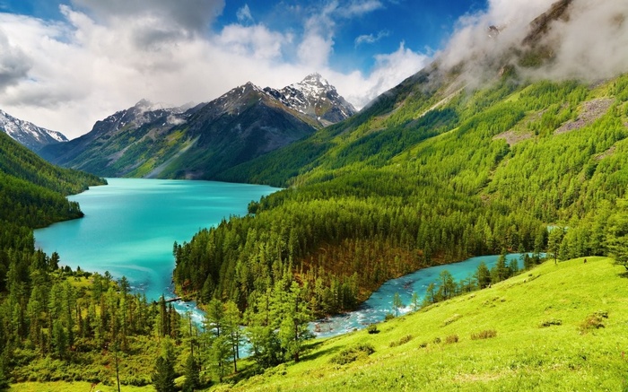 Turquoise lake surrounded by green mountains and forests