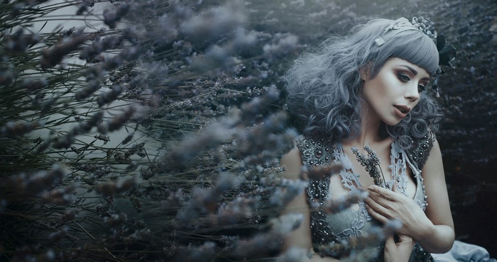 Bella Kotak model with grey hair in lavender field