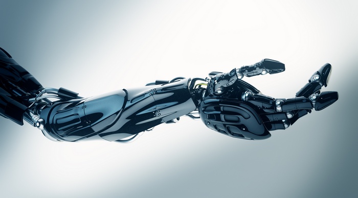 Black robotic arm with open hand