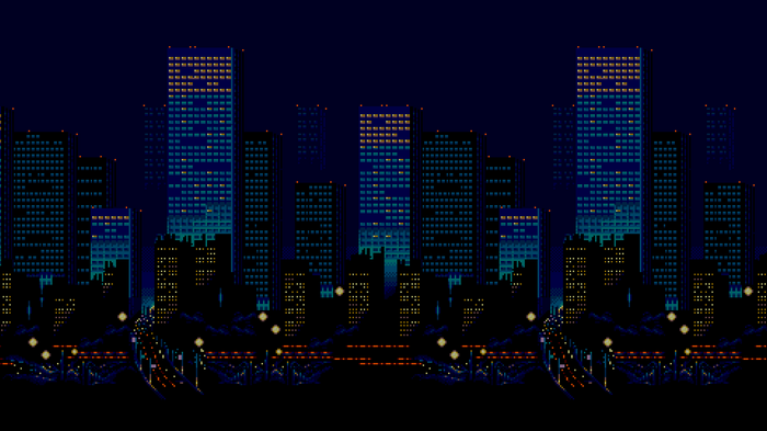 Streets of Rage 16-bit pixel art city skyline at night