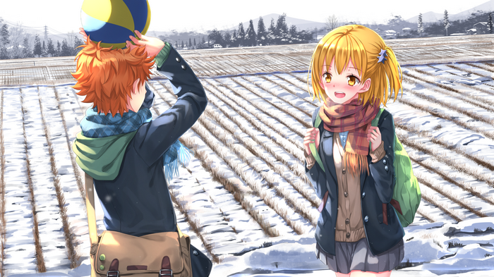 Haikyuu, hoods, Swordsouls, anime, Hinata Shouyou, redhead, anime girls, yellow eyes, winter, Yachi Hitoka, Haikyuu!!, ball, anime boys, school uniform, short hair, scarf, blonde