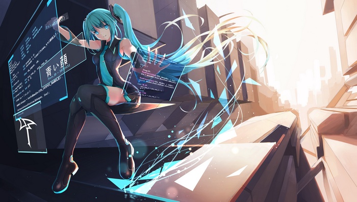 Hatsune Miku Interacting with Futuristic Code Interfaces