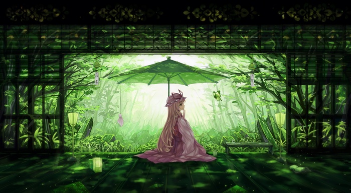 Yakumo Yukari under a parasol in a bamboo forest