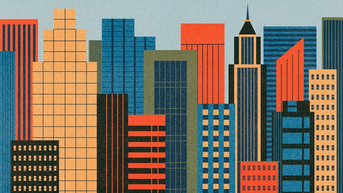 Abstract illustration of a city skyline with colorful buildings