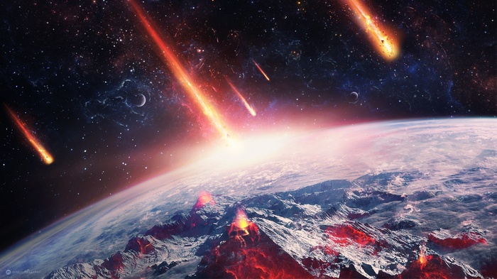 Meteors striking a volcanic Earth in space
