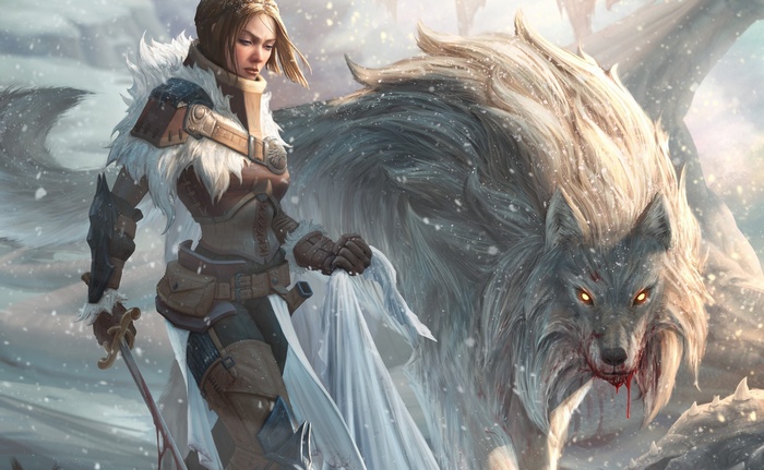 Woman and wolf in a snowy landscape