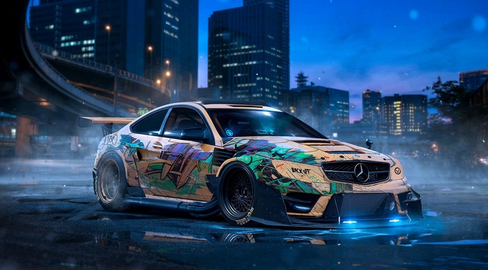 Khyzyl Saleem, drift, neon, city, car, Mercedes Benz