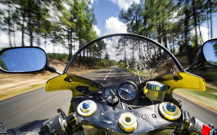Yamaha motorcycle riding on a road through trees