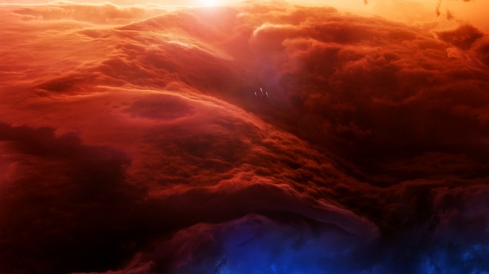 Spaceships flying through red and orange clouds