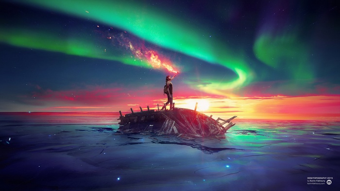 Person holding flare on shipwreck under aurora borealis
