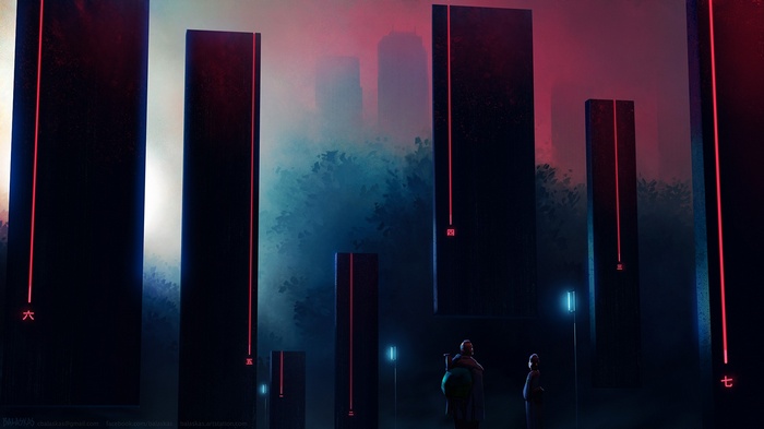 Cyberpunk monoliths with red glowing lines and figures