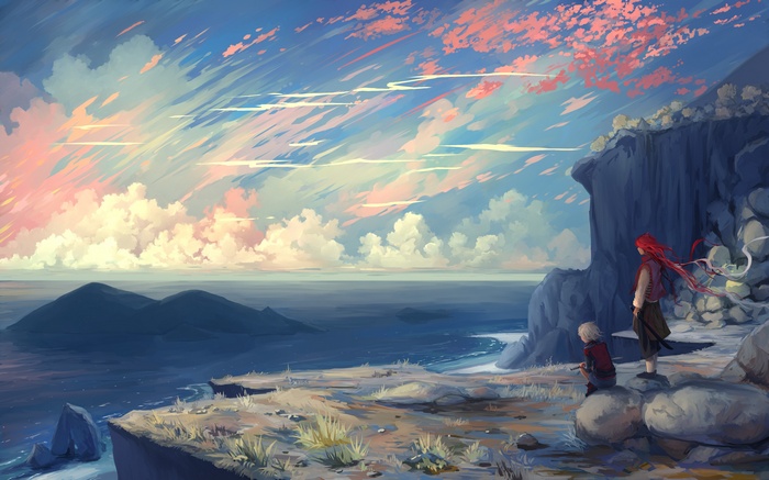 Two figures on a cliff overlooking the sea at sunset