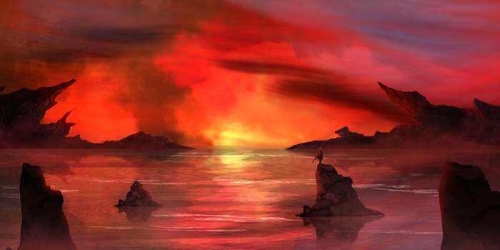 A lone figure stands on a rock in a fiery red landscape