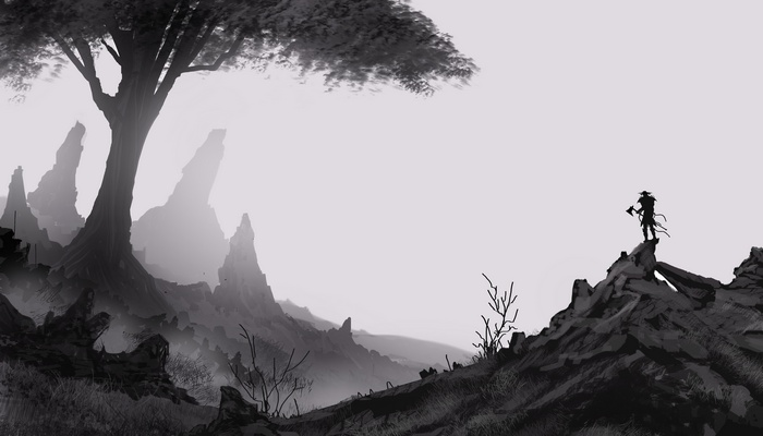 Monochrome landscape with a warrior holding an axe