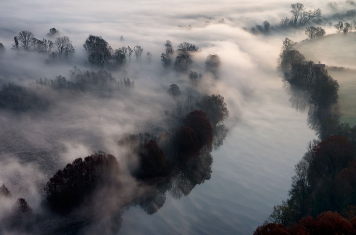 River and trees shrouded in mist