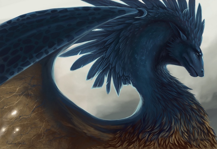 Blue feathered dragon with large wings
