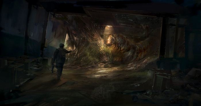 A soldier encounters a grotesque creature in a dark ruin