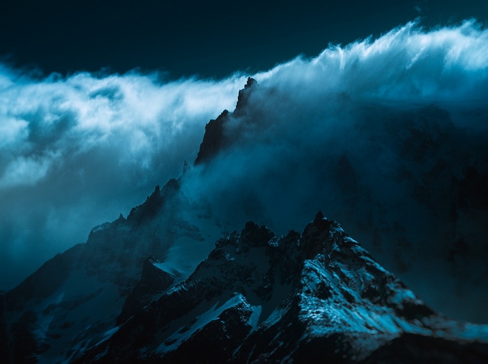 Torres del Paine mountains shrouded in clouds