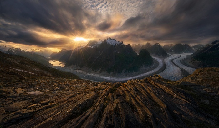 Sunset over a glacial valley in Alaska