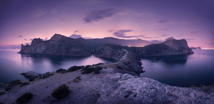 Peninsula and mountains at sunset over the Black Sea in Crimea