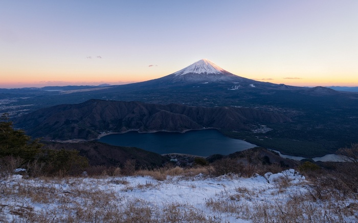 Mount Fuji and Lake at Sunset