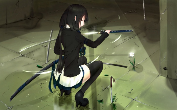 Anime girl with black hair holding a katana