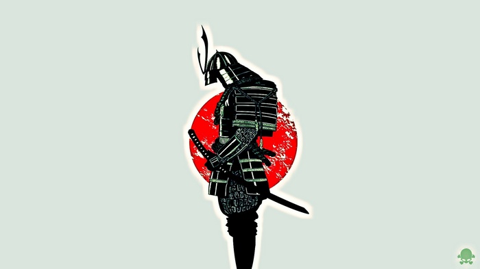 Samurai warrior in front of a Japanese flag