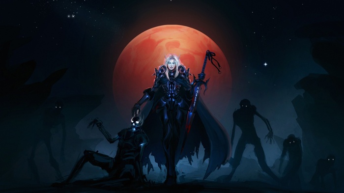 Fantasy art of a woman with a sword and zombies