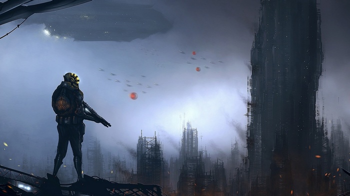 Futuristic soldier overlooking a destroyed city with flying orbs