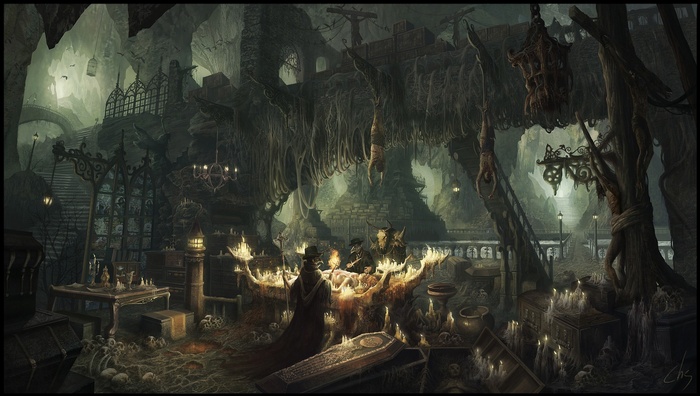 Fantasy horror artwork with plague doctors in a cave