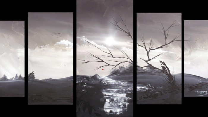 Monochromatic landscape painting with a single red orb