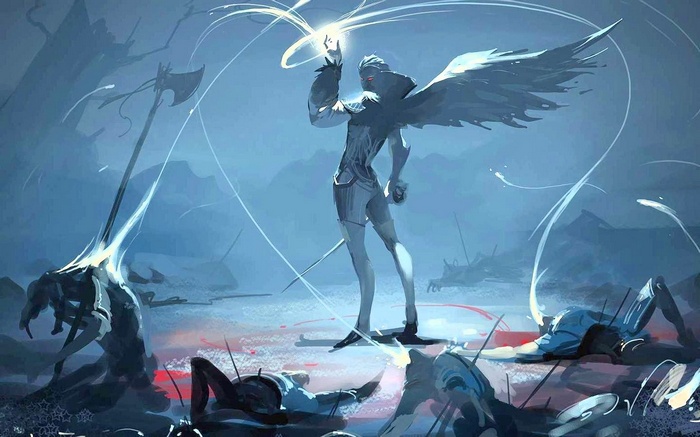Fantasy angel with wings over fallen warriors