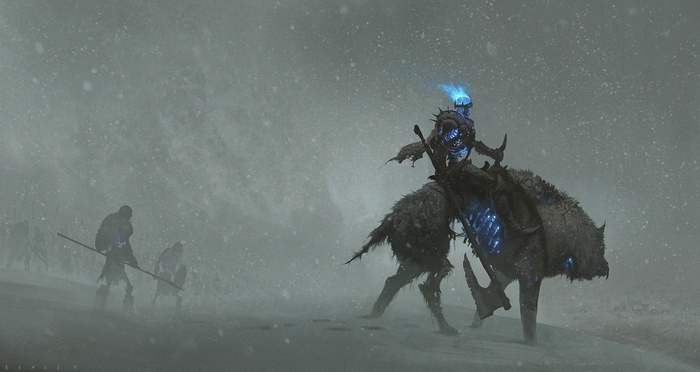 Undead knight riding a beast in a snowstorm