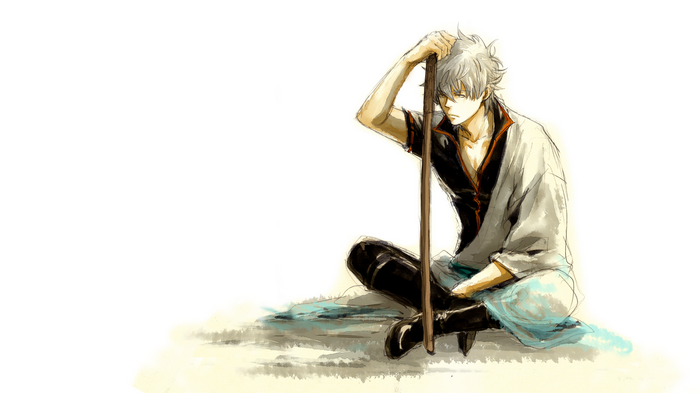 Sakata Gintoki from Gintama sitting with a staff