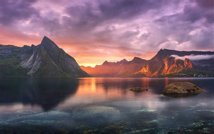 Lofoten mountains and lake at sunset