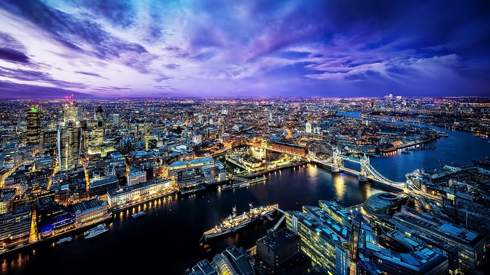 London cityscape at dusk with Tower Bridge and River Thames