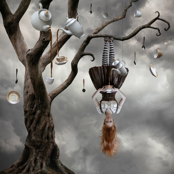 Alice in Wonderland surreal tree with teacups