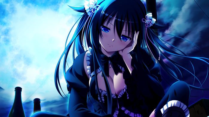 anime, blue eyes, Moon, long hair, Shinomori Rinon, Gensou no Idea, black hair, anime girls, night
